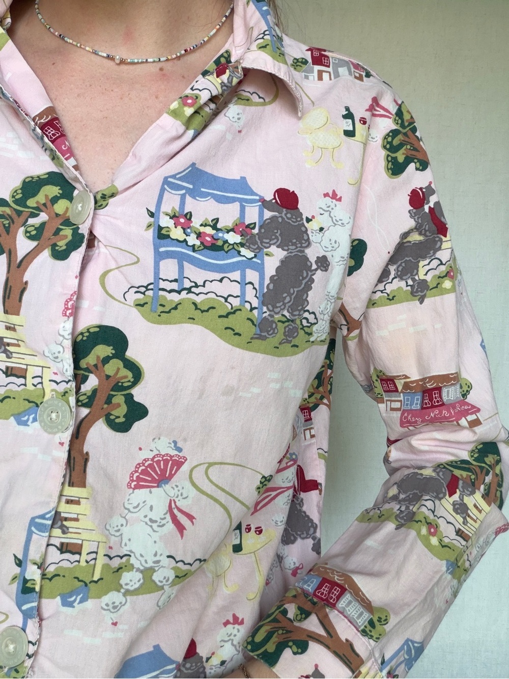 vintage RARE Nick&Nora poodles in paris pink button front long sleeve shirt S - Picture 3 of 5